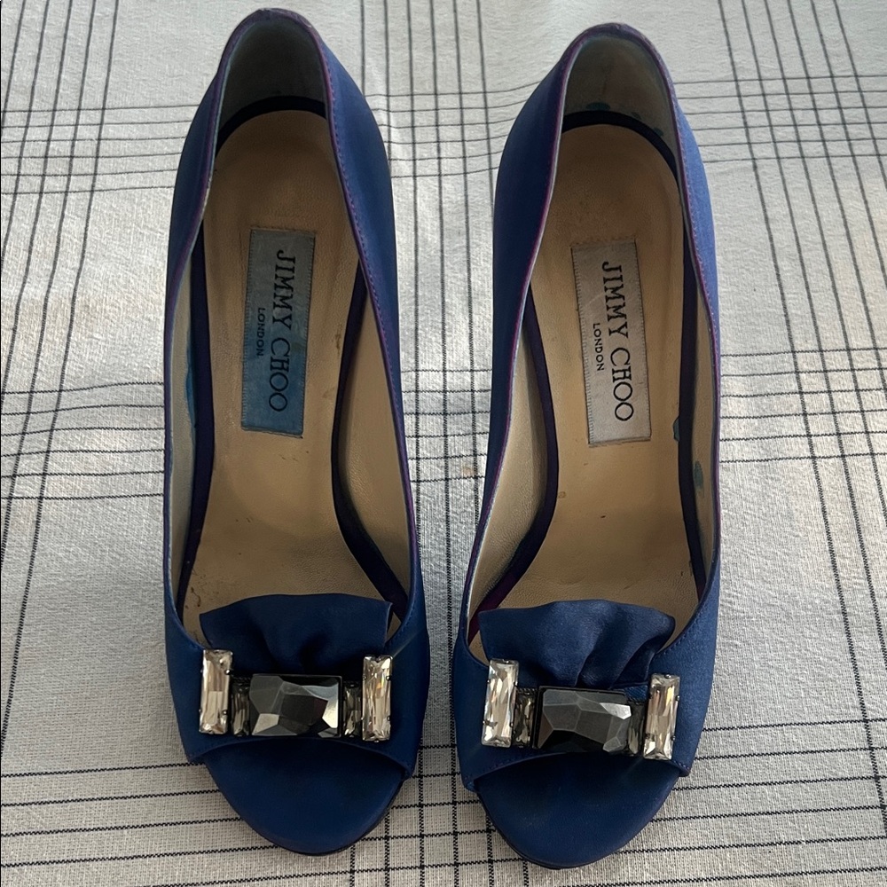 Jimmy Choo Navy Peep-Toe Heels with Crystal Accent